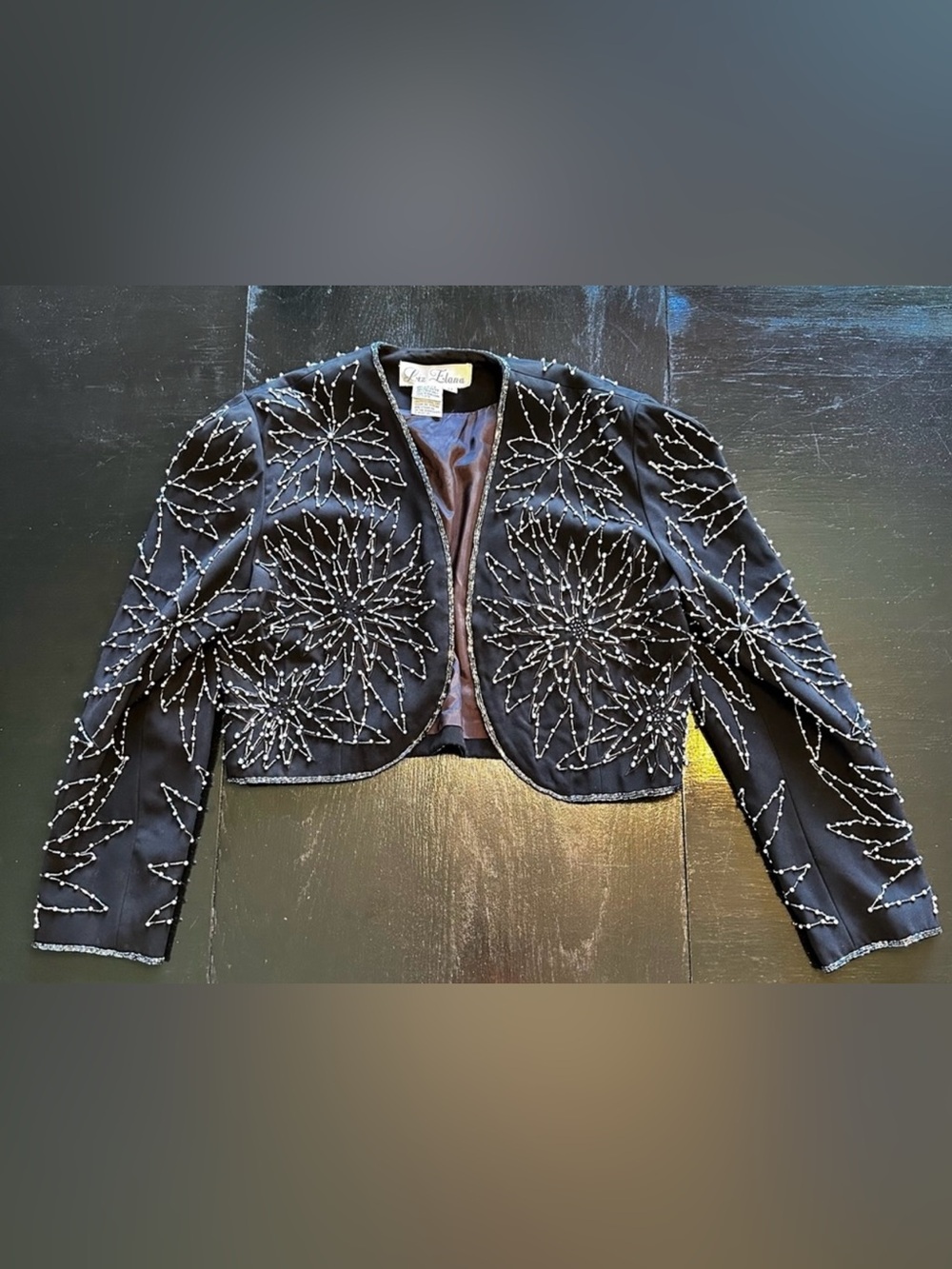 Vintage Large Liz Elena Black Size 12 Blazer Floral Pearl Embroidered Embroidery